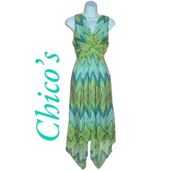 Chico's Dresses & Skirts - Chico's Green Maida Handkerchief IKAT Asymmetric Hem Dress - SZ1 - US M 8
